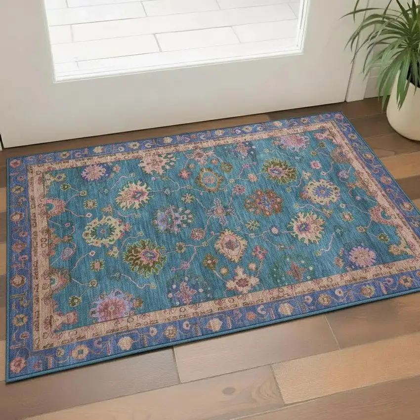 Teal And Blush Oriental Washable Area Rug With UV Protection Photo 2
