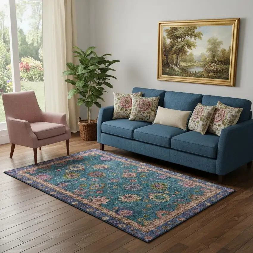 Teal And Blush Oriental Washable Area Rug With UV Protection Photo 2