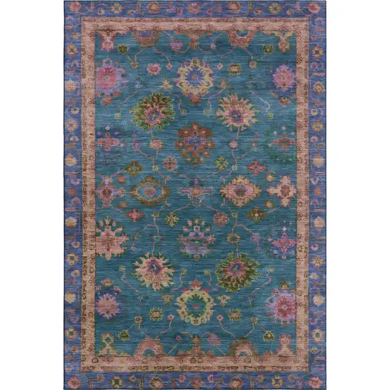 Teal And Blush Oriental Washable Area Rug With UV Protection Photo 1
