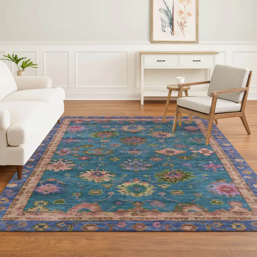 Teal And Blush Oriental Washable Area Rug With UV Protection Photo 6