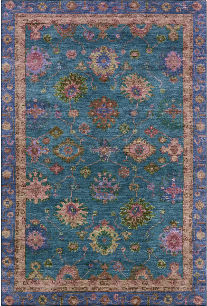 Teal And Blush Oriental Washable Area Rug With UV Protection Photo 1