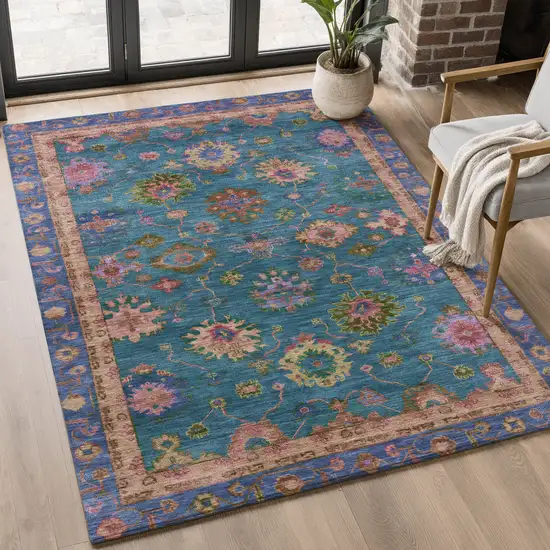 Teal And Blush Oriental Washable Area Rug With UV Protection Photo 5