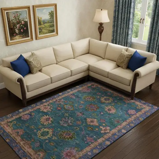 Teal And Blush Oriental Washable Area Rug With UV Protection Photo 2