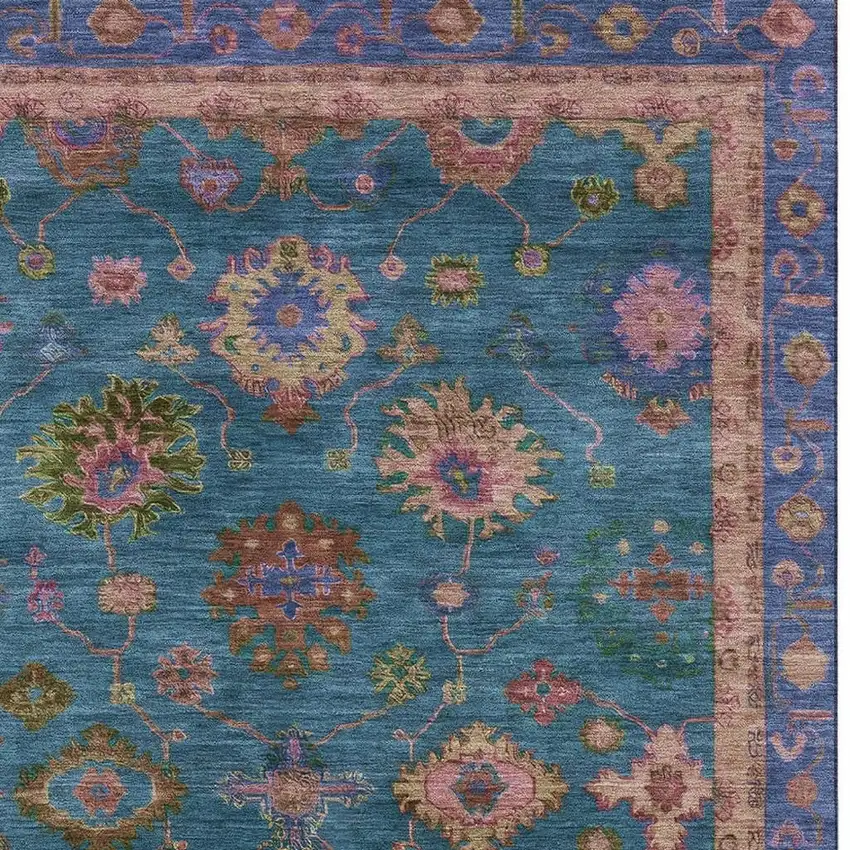 Teal And Blush Oriental Washable Area Rug With UV Protection Photo 4