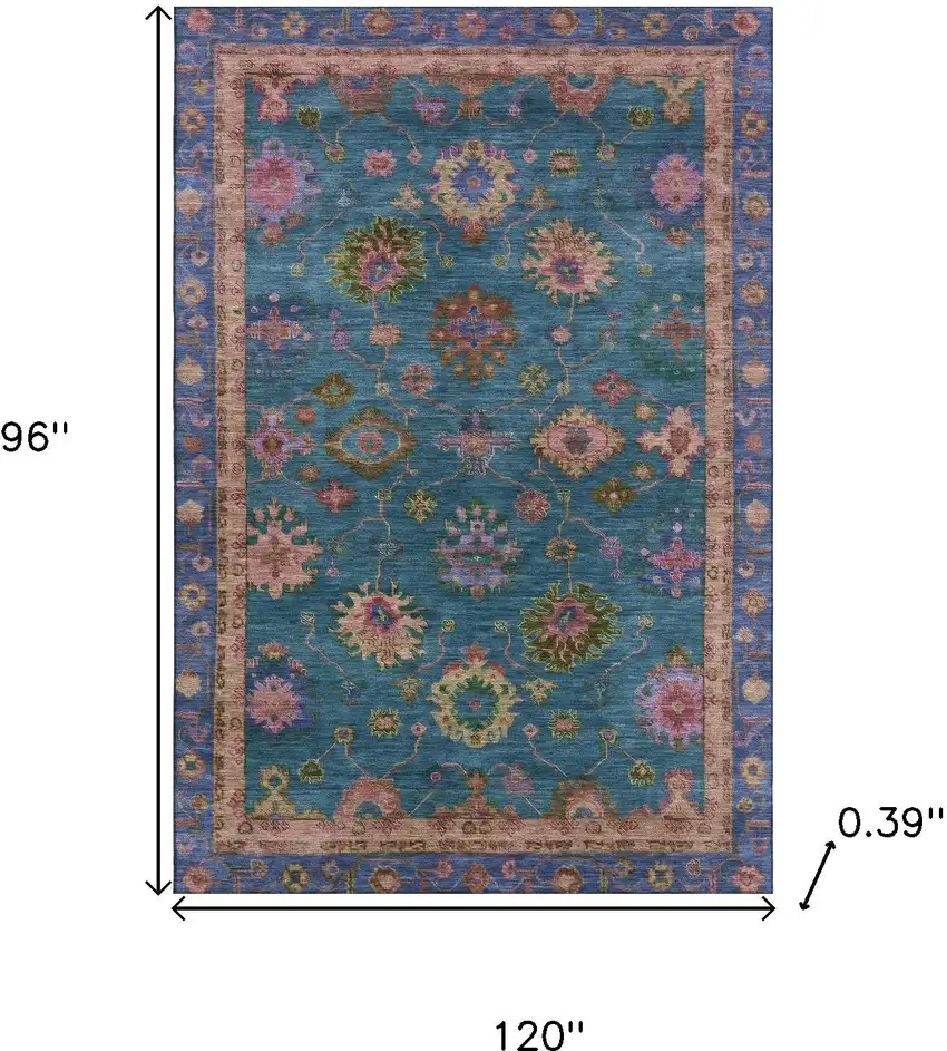 Teal And Blush Oriental Washable Area Rug With UV Protection Photo 9