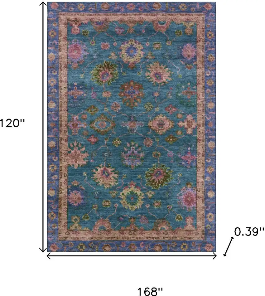 Teal And Blush Oriental Washable Area Rug With UV Protection Photo 9