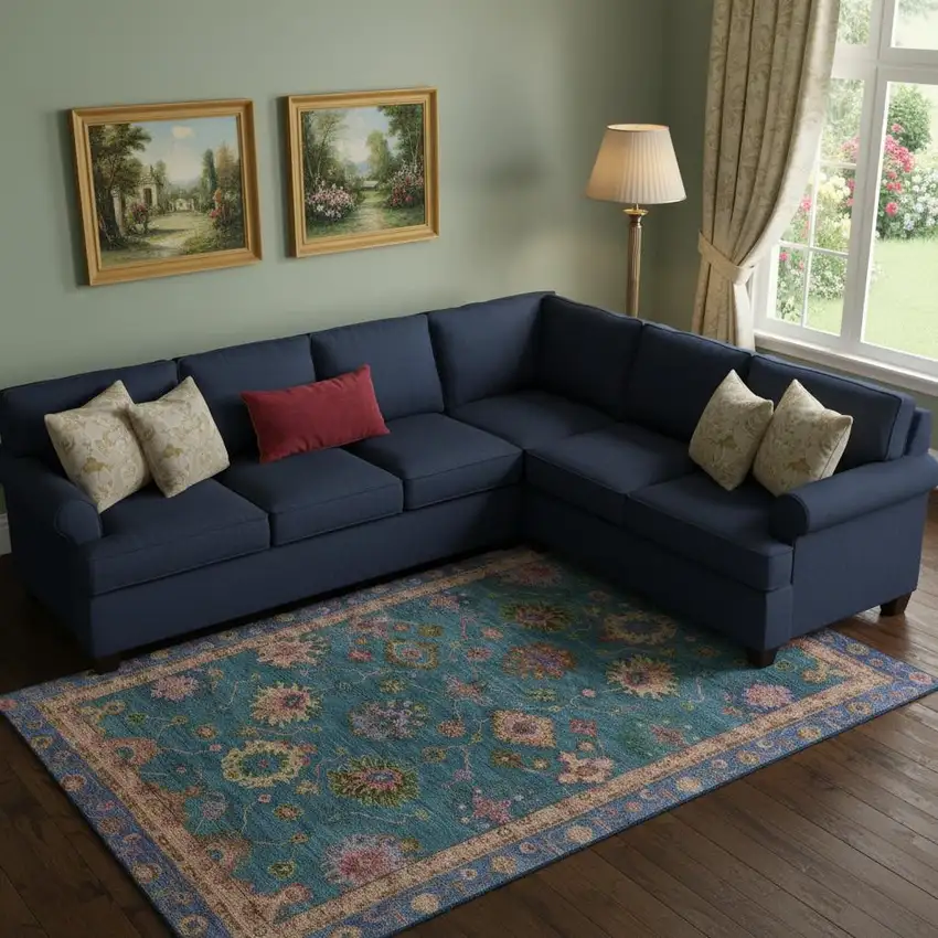 Teal And Blush Oriental Washable Area Rug With UV Protection Photo 2