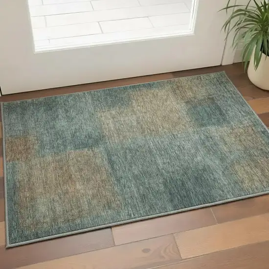 Teal And Brown Abstract Washable Area Rug With UV Protection Photo 2