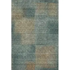 Photo of Teal And Brown Abstract Washable Area Rug With UV Protection