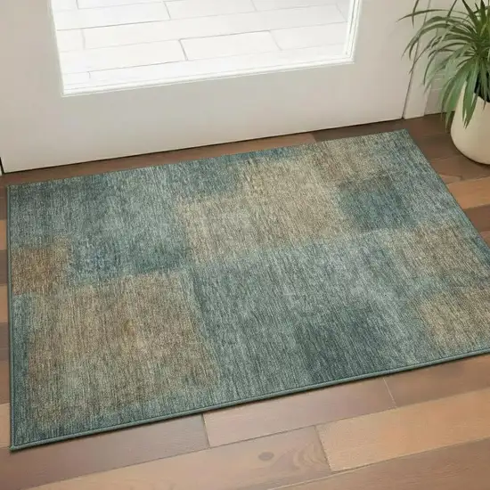 Teal And Brown Abstract Washable Area Rug With UV Protection Photo 1