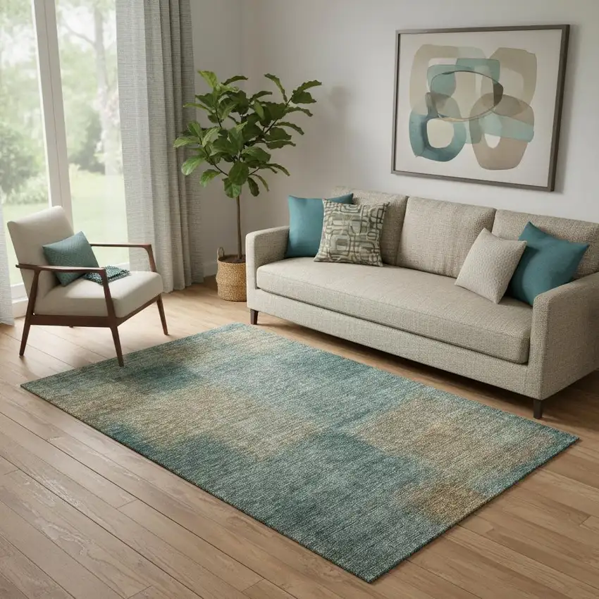 Teal And Brown Abstract Washable Area Rug With UV Protection Photo 1