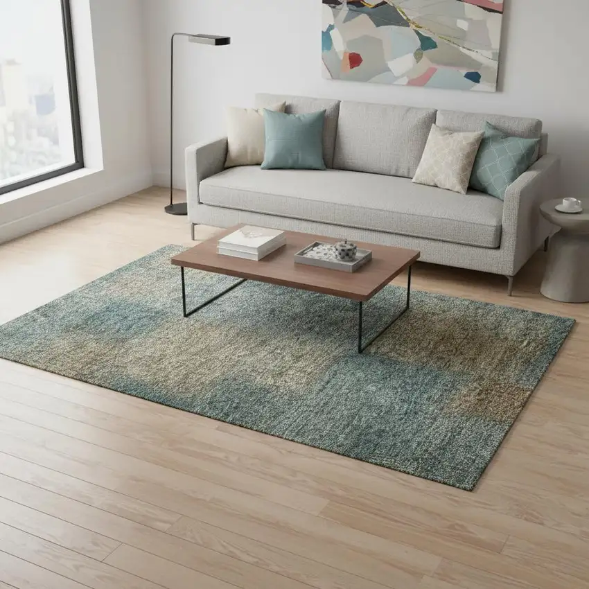 Teal And Brown Abstract Washable Area Rug With UV Protection Photo 2