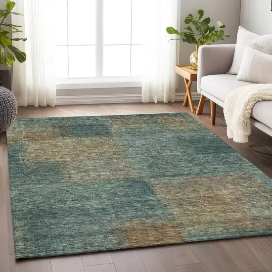Teal And Brown Abstract Washable Area Rug With UV Protection Photo 5
