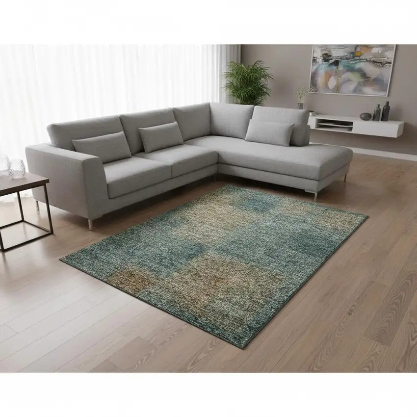 Teal And Brown Abstract Washable Area Rug With UV Protection Photo 2