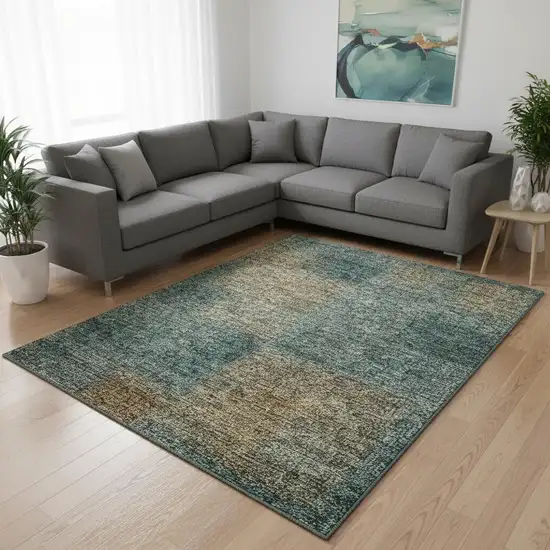 Teal And Brown Abstract Washable Area Rug With UV Protection Photo 2