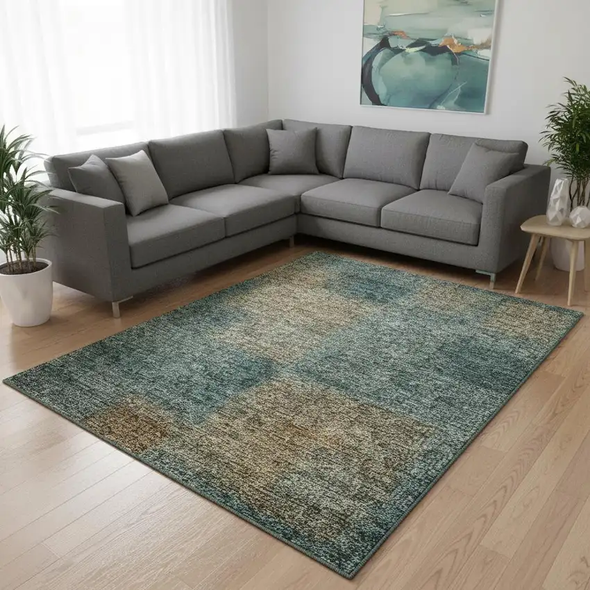 Teal And Brown Abstract Washable Area Rug With UV Protection Photo 2