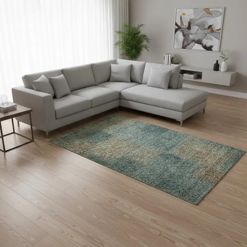 Teal And Brown Abstract Washable Area Rug With UV Protection Photo 2