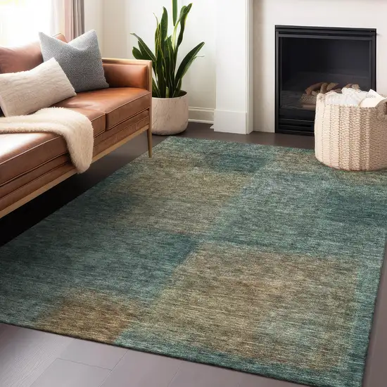 Teal And Brown Abstract Washable Area Rug With UV Protection Photo 5