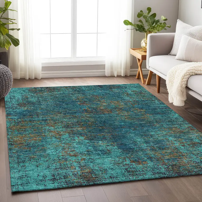Teal And Brown Abstract Washable Area Rug With UV Protection Photo 3