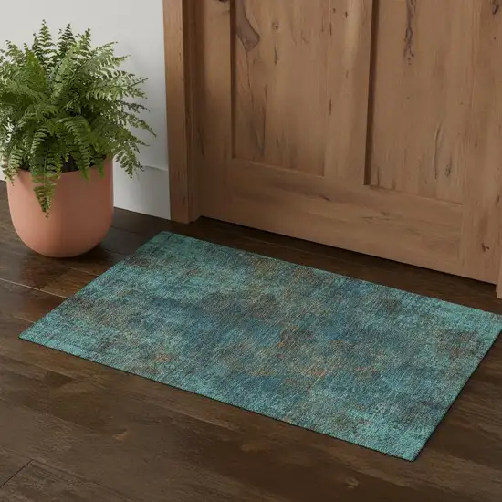 Teal And Brown Abstract Washable Area Rug With UV Protection Photo 1