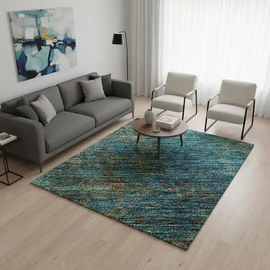 Teal And Brown Abstract Washable Area Rug With UV Protection Photo 2