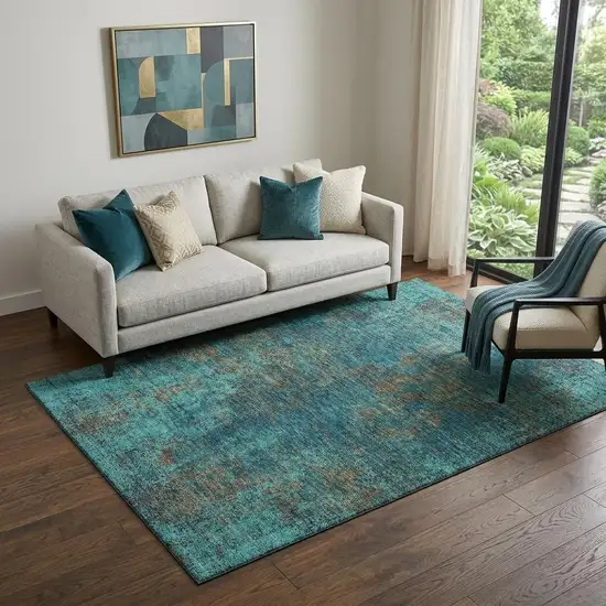 Teal And Brown Abstract Washable Area Rug With UV Protection Photo 1