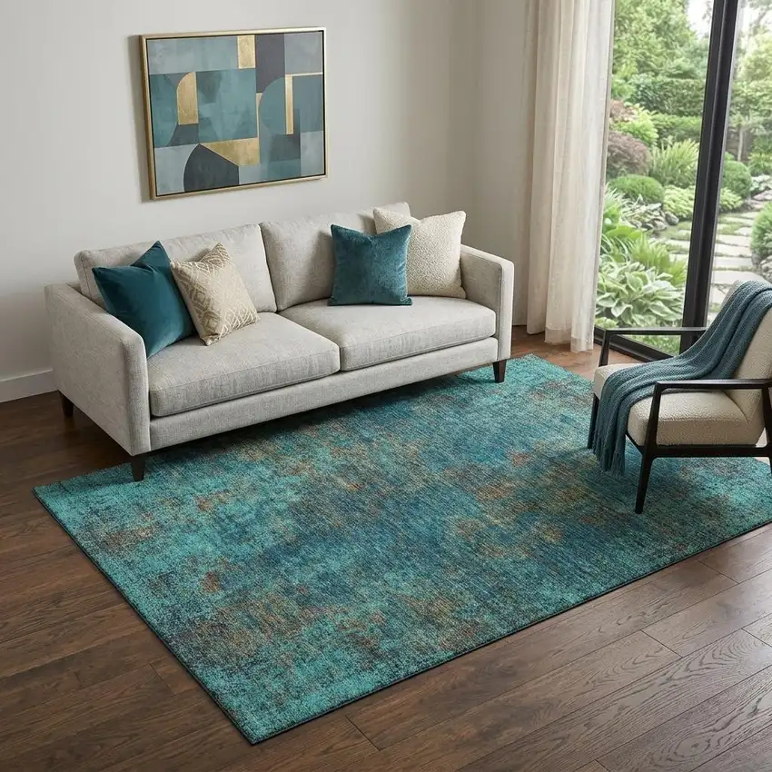 Teal And Brown Abstract Washable Area Rug With UV Protection Photo 1