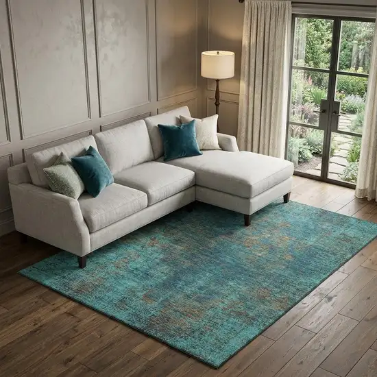 Teal And Brown Abstract Washable Area Rug With UV Protection Photo 1