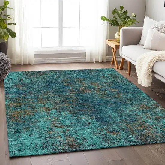 Teal And Brown Abstract Washable Area Rug With UV Protection Photo 4