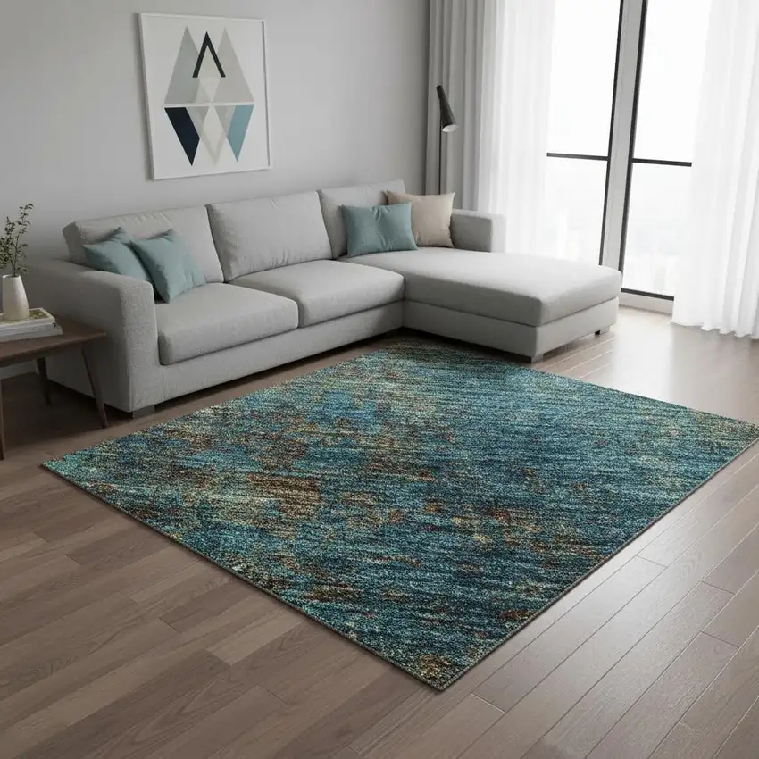 Teal And Brown Abstract Washable Area Rug With UV Protection Photo 2