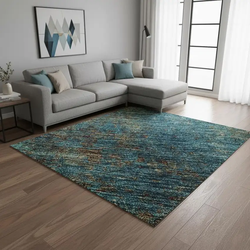 Teal And Brown Abstract Washable Area Rug With UV Protection Photo 2