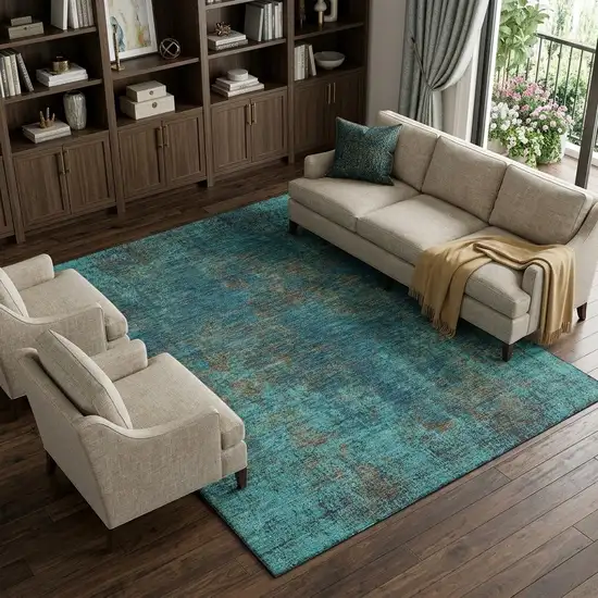 Teal And Brown Abstract Washable Area Rug With UV Protection Photo 1