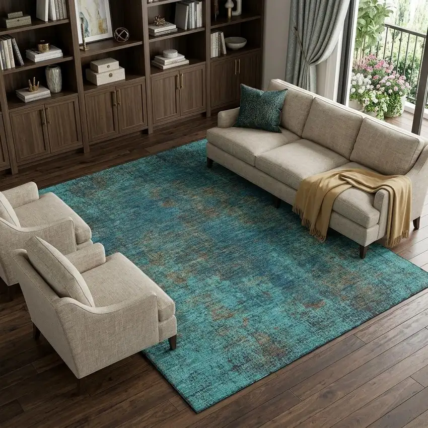 Teal And Brown Abstract Washable Area Rug With UV Protection Photo 1