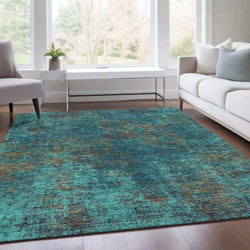 Teal And Brown Abstract Washable Area Rug With UV Protection Photo 4