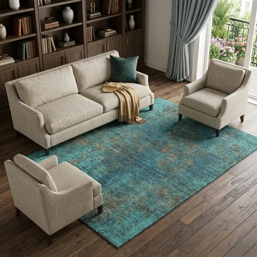 Teal And Brown Abstract Washable Area Rug With UV Protection Photo 1