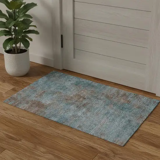 Teal And Brown Abstract Washable Area Rug With UV Protection Photo 1