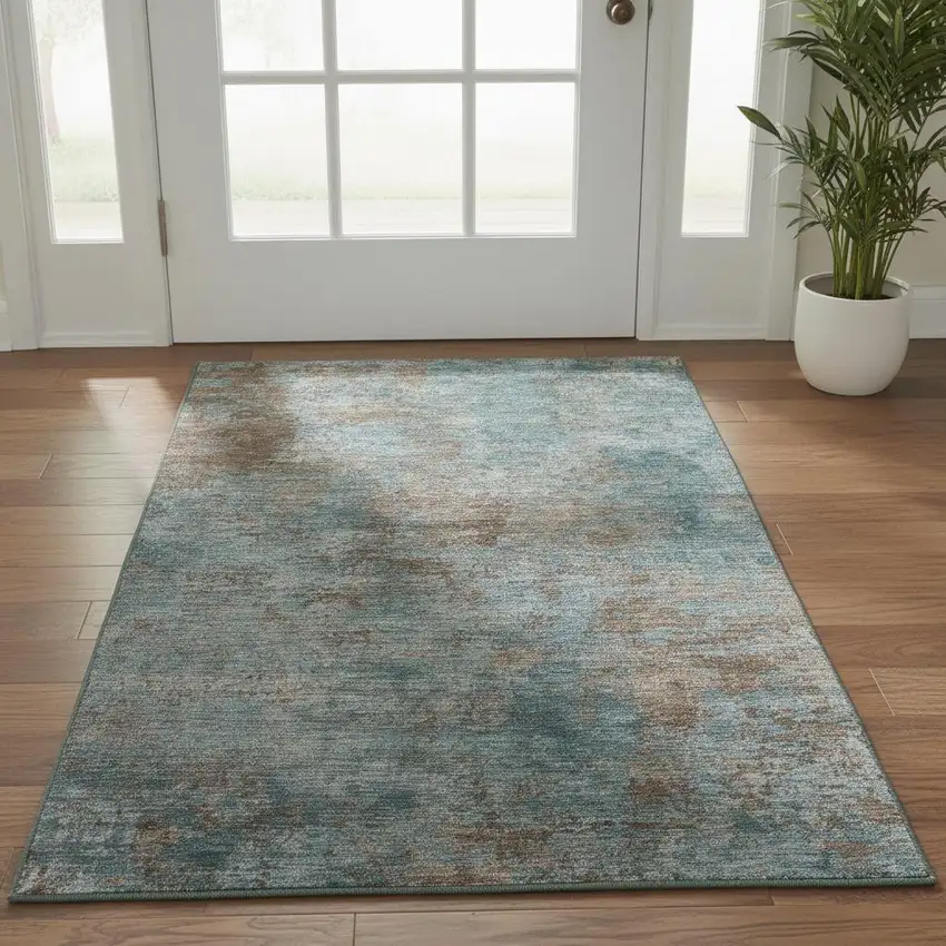 Teal And Brown Abstract Washable Area Rug With UV Protection Photo 2