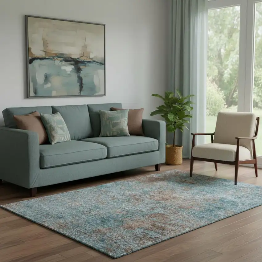 Teal And Brown Abstract Washable Area Rug With UV Protection Photo 1