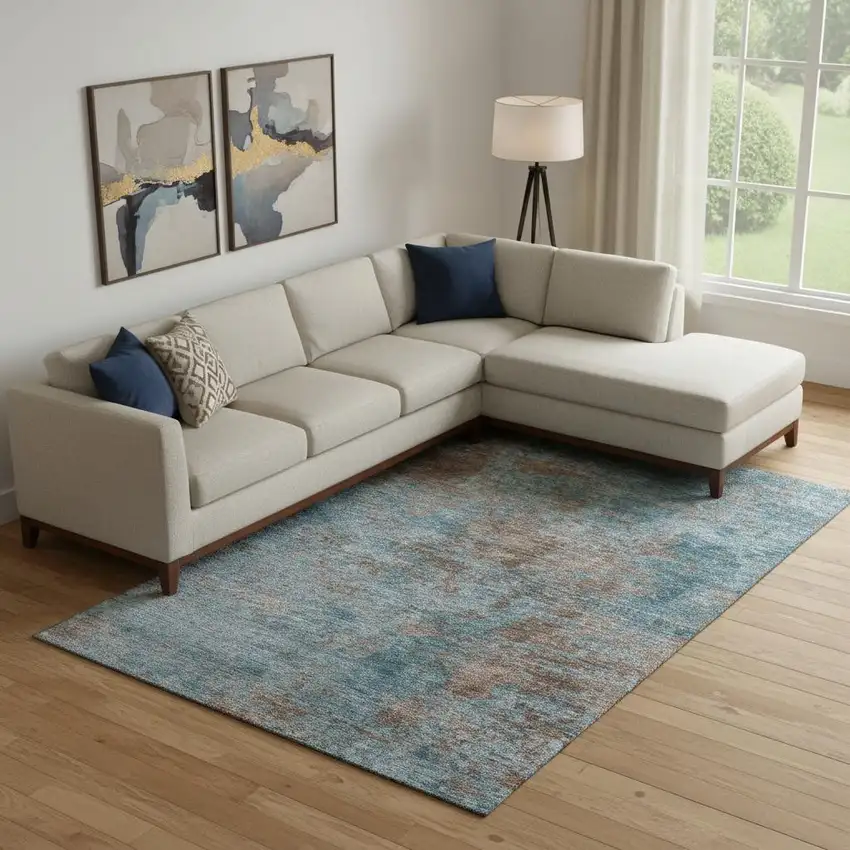 Teal And Brown Abstract Washable Area Rug With UV Protection Photo 2