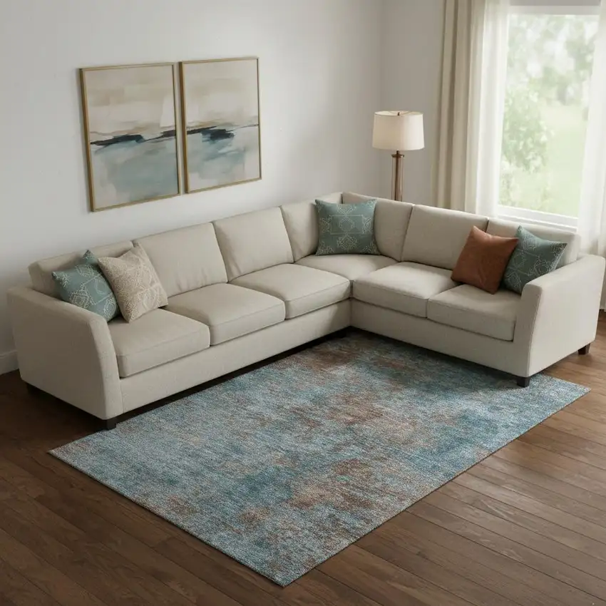 Teal And Brown Abstract Washable Area Rug With UV Protection Photo 2