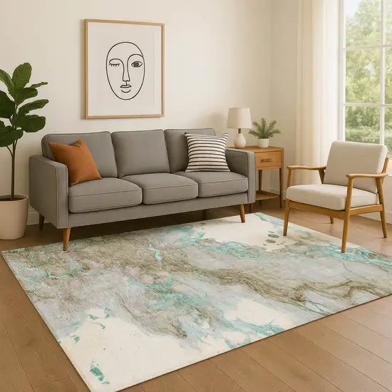 Teal And Brown Abstract Washable Area Rug With UV Protection Photo 5