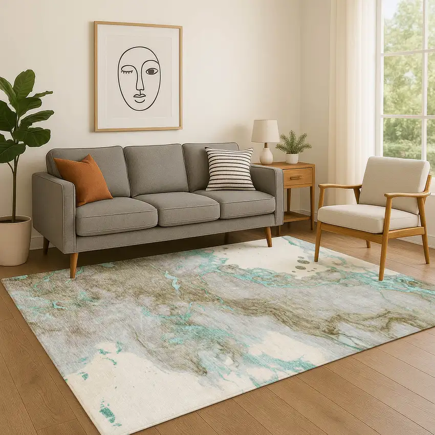 Teal And Brown Abstract Washable Area Rug With UV Protection Photo 5