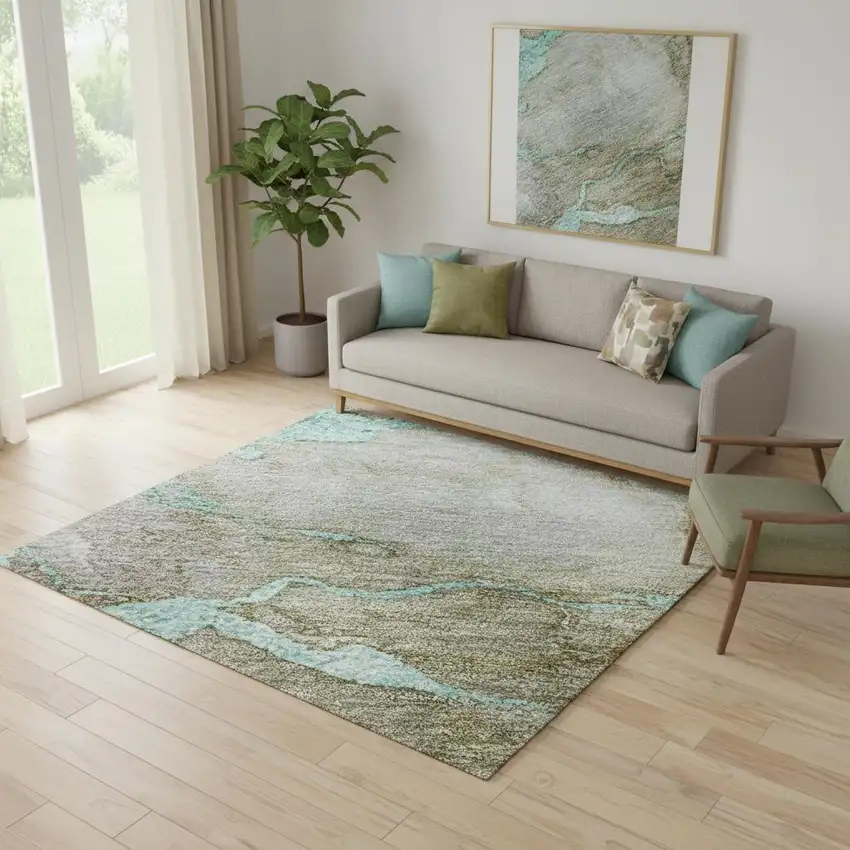 Teal And Brown Abstract Washable Area Rug With UV Protection Photo 2
