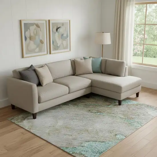 Teal And Brown Abstract Washable Area Rug With UV Protection Photo 2