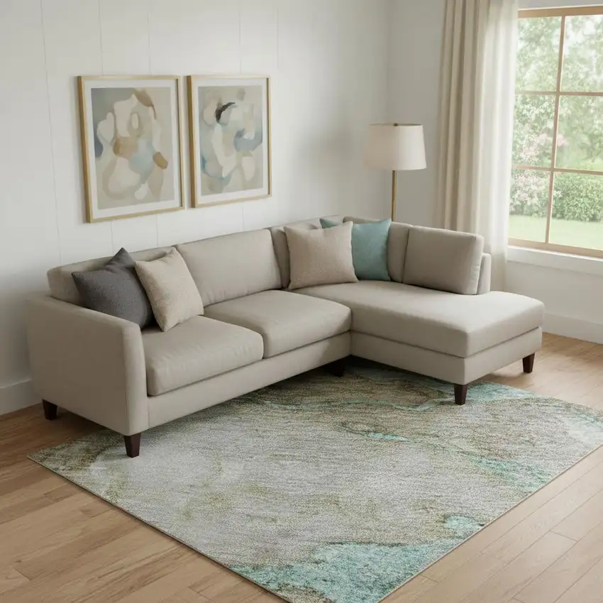 Teal And Brown Abstract Washable Area Rug With UV Protection Photo 2