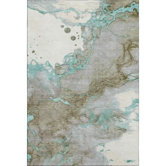 Teal And Brown Abstract Washable Area Rug With UV Protection Photo 6