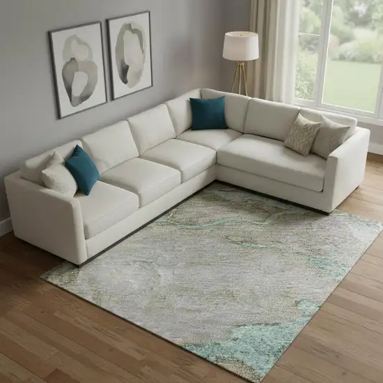 Teal And Brown Abstract Washable Area Rug With UV Protection Photo 2