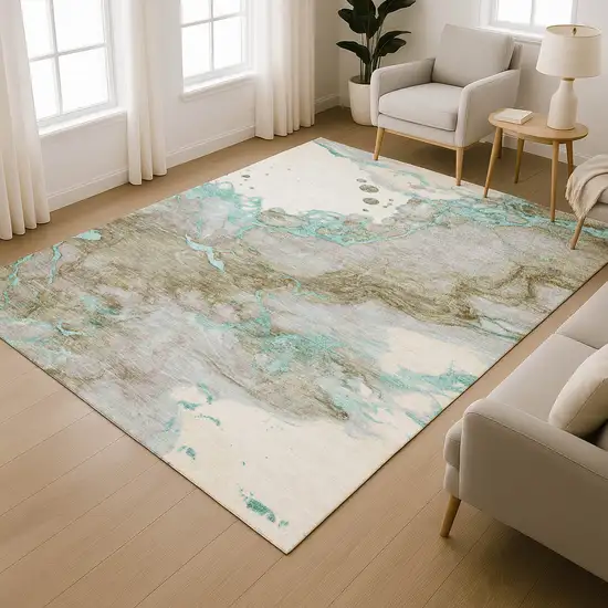 Teal And Brown Abstract Washable Area Rug With UV Protection Photo 5