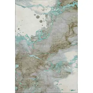 Photo of Teal And Brown Abstract Washable Area Rug With UV Protection