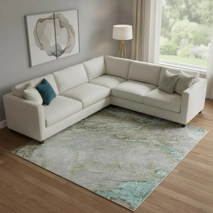 Teal And Brown Abstract Washable Area Rug With UV Protection Photo 2